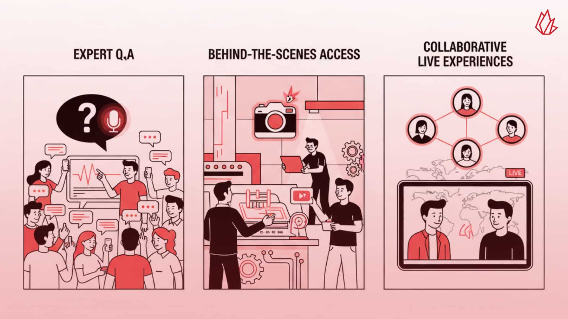 This illustration shows people engaging in different live content scenarios, including a Q&A session and a behind-the-scenes look. It represents how live streams offer urgency and real-time interaction that pre-recorded content cannot. This type of creative content marketing can be used for expert Q&A sessions or collaborative live experiences with partners.