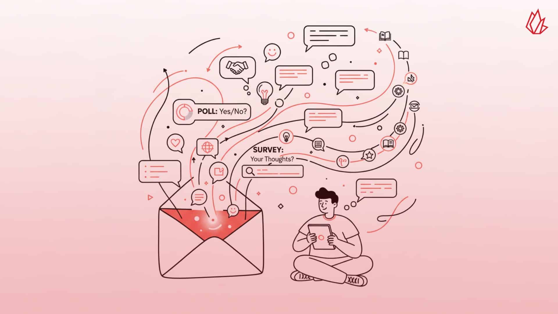 This illustration shows a large envelope with various conversation bubbles and icons floating around it, representing how email marketing has become a personalized content experience. This type of creative content marketing can include interactive elements like polls and surveys, with a distinct voice that feels like an update from a trusted friend.