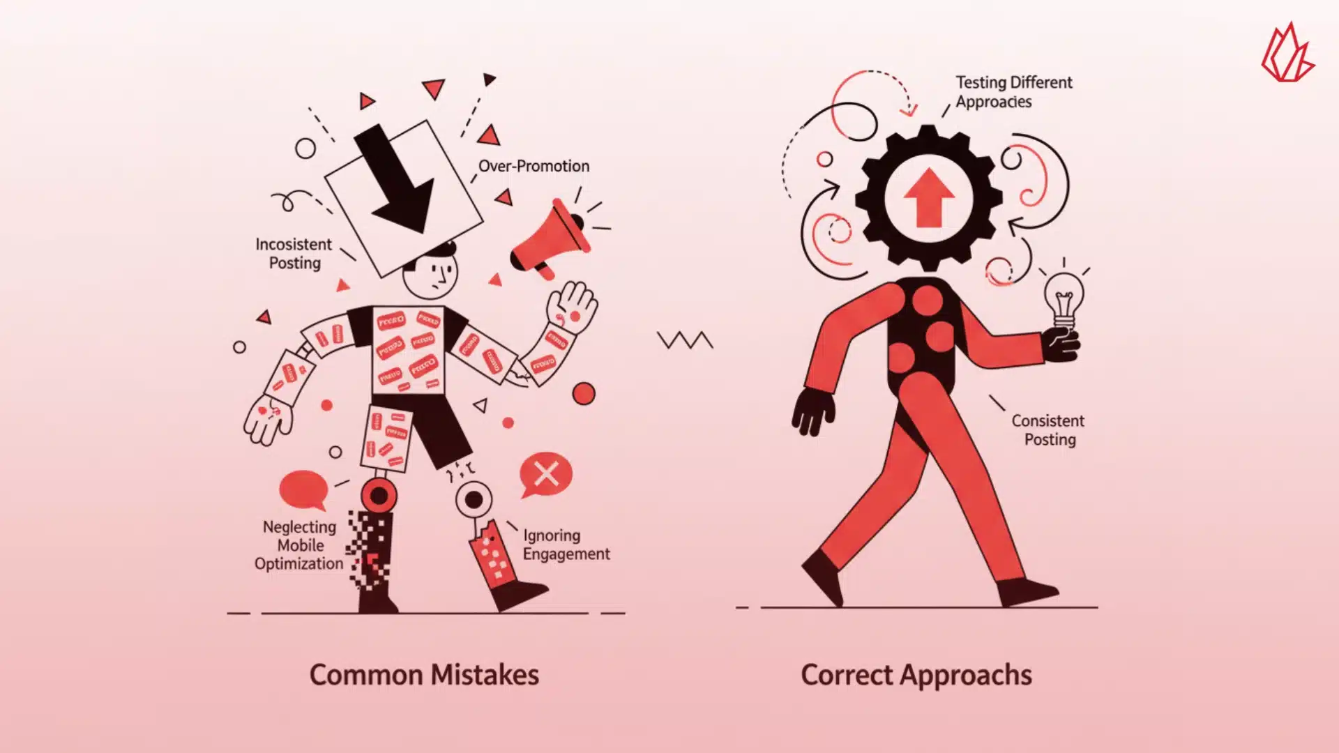 The image is split into two parts. On the left, a person is weighed down by boxes labeled with common mistakes like over-promotion, inconsistent posting, and neglecting engagement. On the right, a person walks freely with a gear icon and a lightbulb over their head, representing correct approaches like consistent posting and testing different strategies. This illustration serves as a reminder to avoid common pitfalls and to continuously adapt and test new tactics to successfully drive traffic from Facebook to your blog.