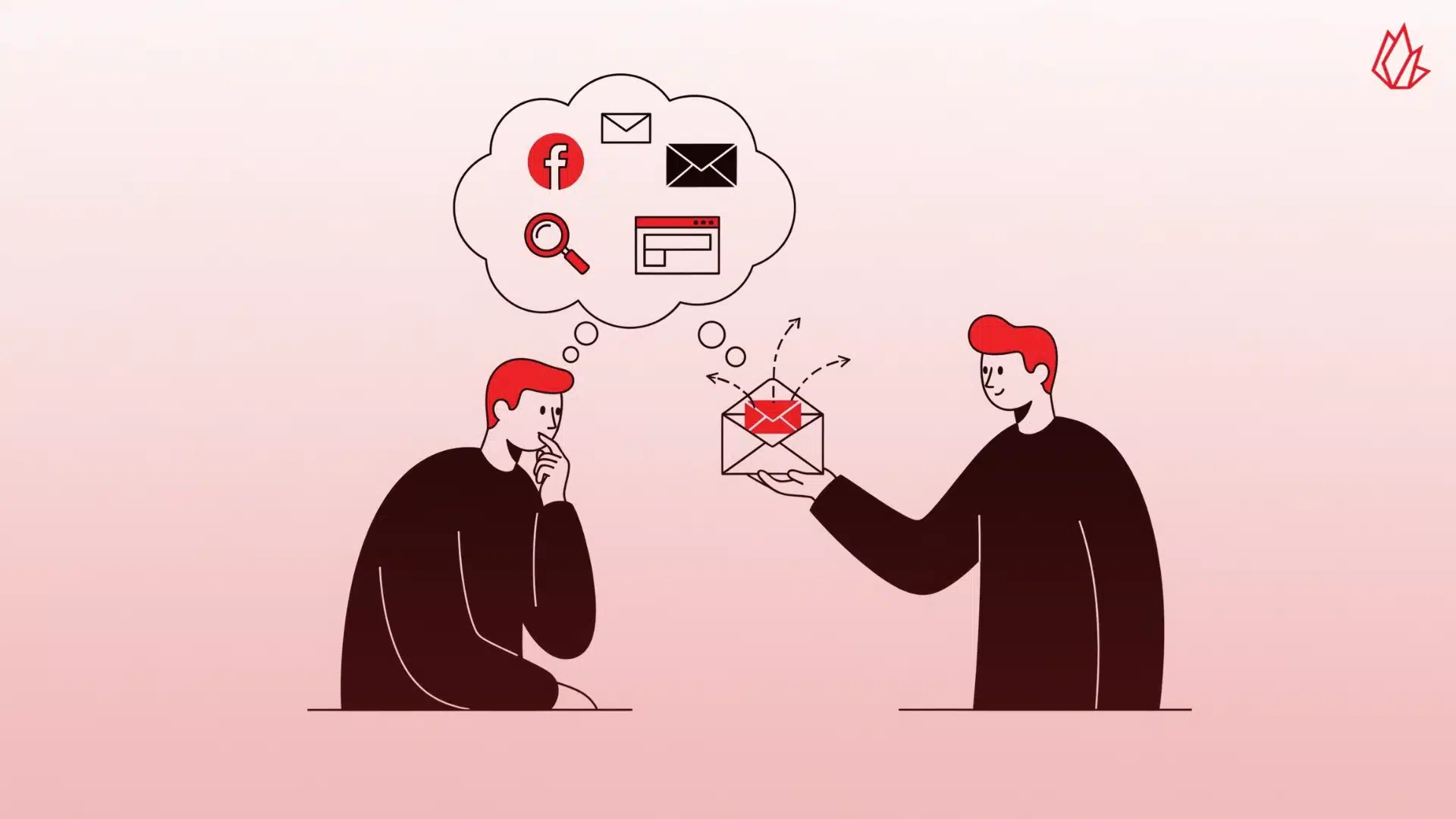 This image shows one person presenting an open envelope with an email icon on it to another person. The recipient is thinking about various traffic sources, including the Facebook logo, a magnifying glass for search, and a website icon. This represents the idea of building an email list to future-proof your strategy and reduce reliance on a single platform like Facebook. The article advises diversifying traffic sources to include email marketing and SEO, which are long-term methods to drive traffic from Facebook to your blog and beyond