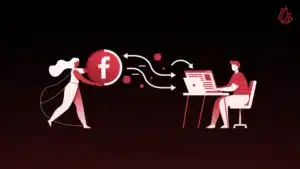 In this image, a person on the left holds a large Facebook "f" logo. Arrows flow from the logo to a person sitting at a computer on the right, who is looking at a blog page. This visually represents the core concept of the article: using Facebook as a powerful channel to direct users to your blog. The illustration captures the essence of the guide, which provides proven strategies to transform a Facebook presence into a consistent engine to drive traffic from Facebook to your blog.