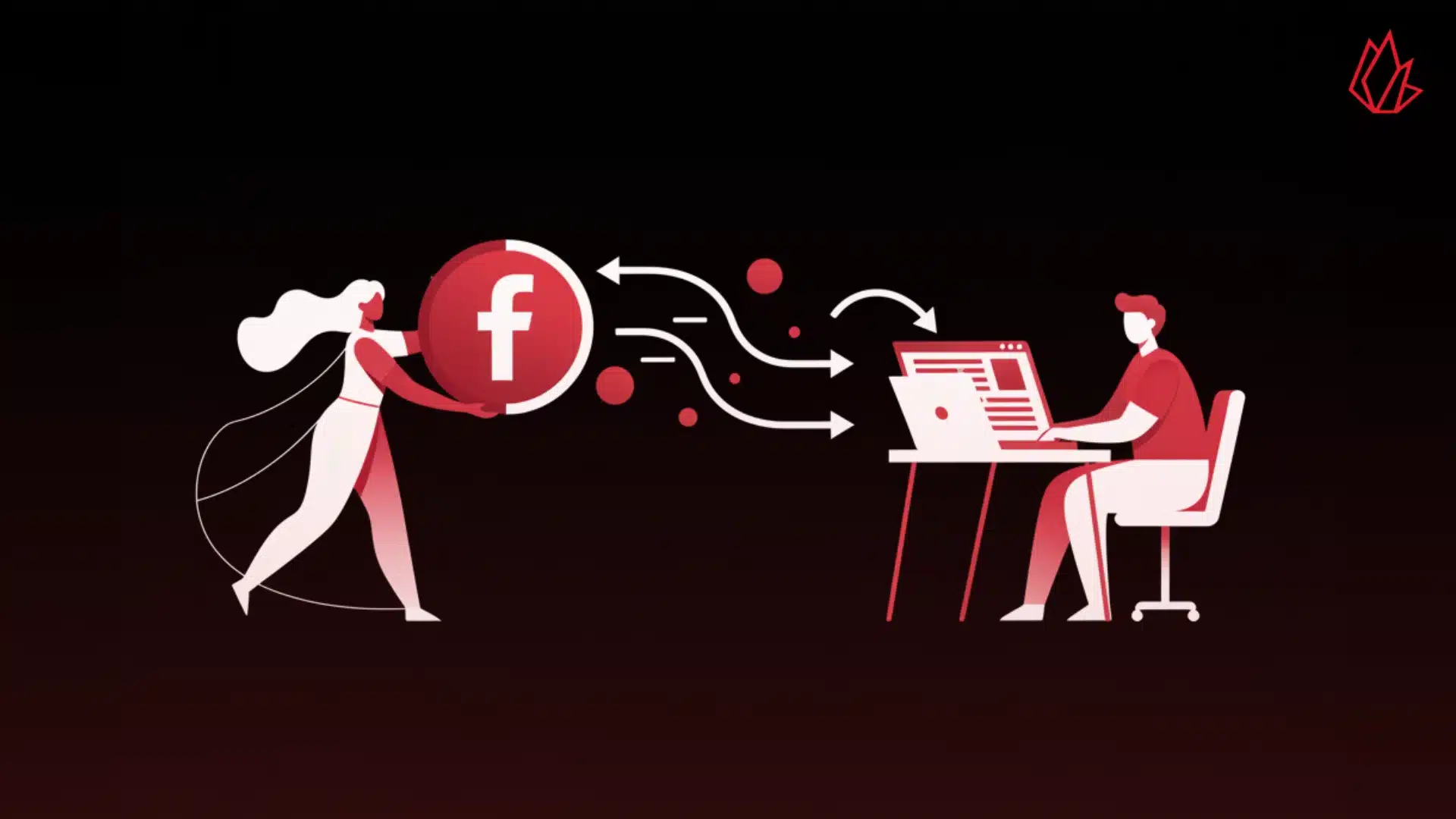 In this image, a person on the left holds a large Facebook "f" logo. Arrows flow from the logo to a person sitting at a computer on the right, who is looking at a blog page. This visually represents the core concept of the article: using Facebook as a powerful channel to direct users to your blog. The illustration captures the essence of the guide, which provides proven strategies to transform a Facebook presence into a consistent engine to drive traffic from Facebook to your blog.