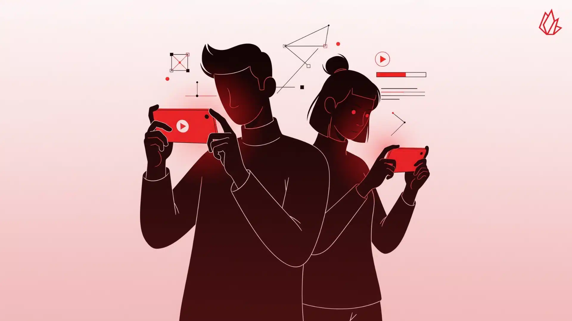 This image shows two people holding phones, with one person's phone displaying a video play button. They are surrounded by video-related shapes and icons, illustrating the importance of video content on the platform. The paragraph would explain that video content receives higher engagement and reach on Facebook than other content types. Leveraging video through teasers and live sessions is a key way to drive traffic from Facebook to your blog.